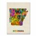 Trademark Fine Art "Arkansas Map" by Michael Tompsett Framed Graphic Art on Wrapped Canvas in Green/Indigo/Pink | 24 H x 18 W x 2 D in | Wayfair