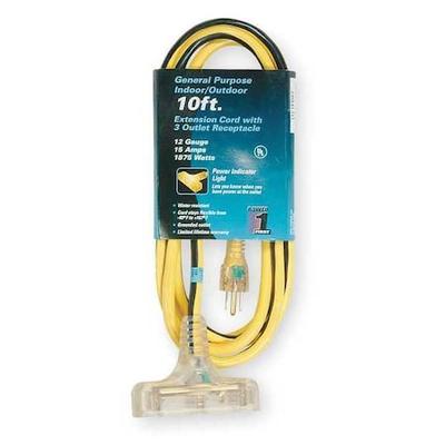 ZORO SELECT 1FD67 SJTW Outdoor Extension Cord, PVC, 12 AWG 3 Outlets, 5-15R,