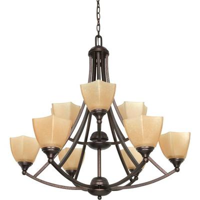 Nuvo Lighting 60063 - 9 Light Copper Bronze Champagne Washed Linen Glass Shades Chandelier Light Fixture (60-063)