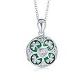 Bling Jewelry Personalized BFF Vintage Style Lucky Green Enamel Shamrock Clover Round Celtic Irish Two Photo Round Memorial Hold Pictures Locket Necklace For Women .925 Sterling Silver Customizable