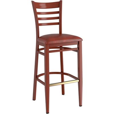 Knocked Down Lancaster Table & Seating Bar Height Metal Ladder Back Chair with Mahogany Wood Grain Finish and Burgundy Vinyl Seat