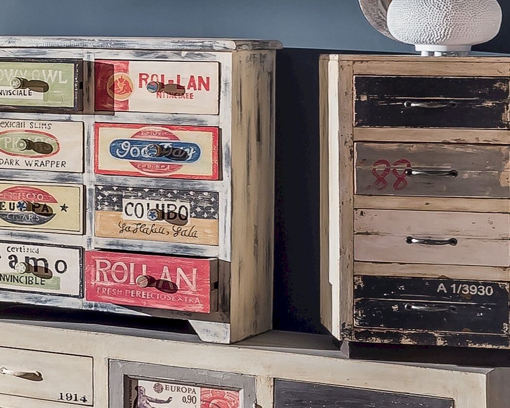 Taste of India Unikat Schubladenkommode 9 vintage schwarz, grau und weiss