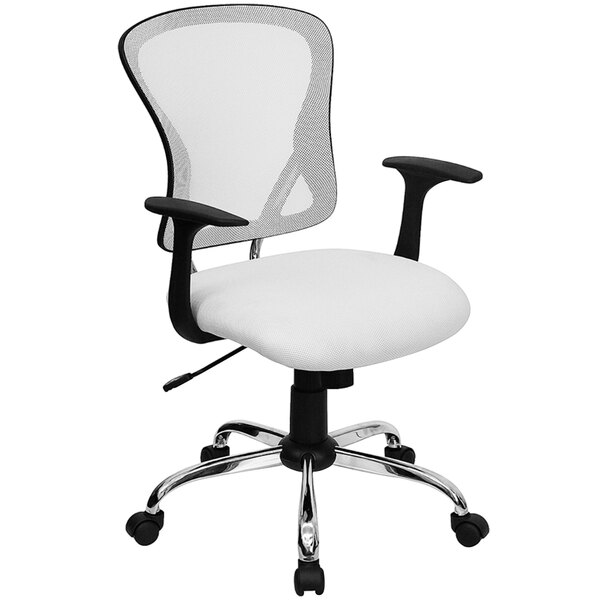 Flash Furniture H-8369F-WHT-GG Mid-Back White Mesh Office Chair with Arms, Padded Seat, and Chrome Base