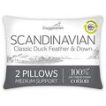 Snuggledown Duck Feather & Down Pillows 2 Pack - Medium Support Back Sleeper Pillows for Back Pain Relief - 100% Soft Cotton Cover, Hypoallergenic, UK Standard Size (48cm x 74cm)