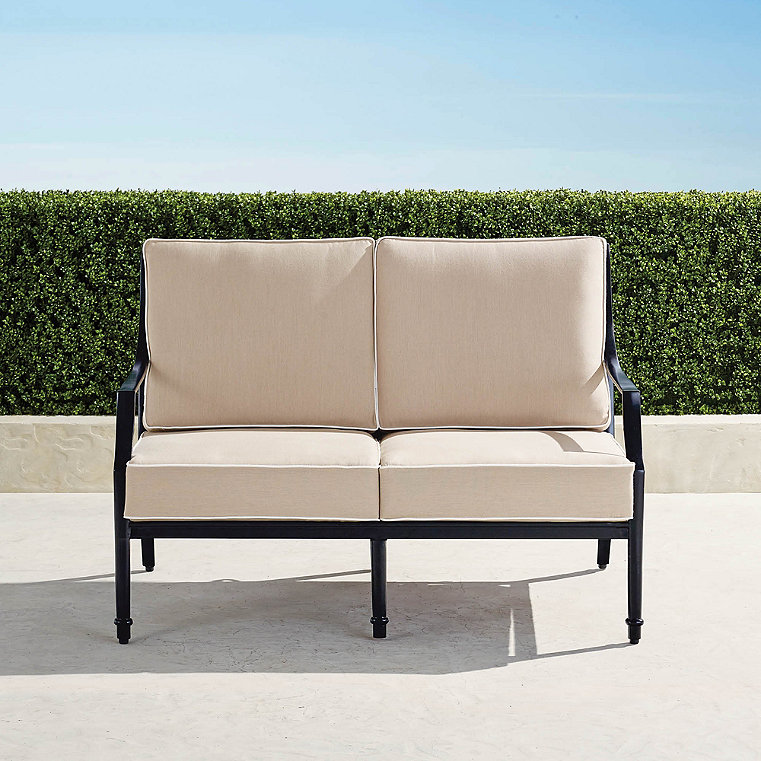 Grayson Loveseat with Cushions in Black Aluminum - Sunbrella Rain, Rain Gingko - Frontgate