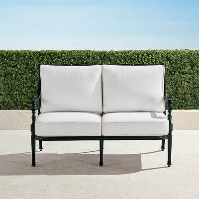 Carlisle Loveseat with Cushions in Onyx Aluminum - Standard, Rain Resort Stripe Black - Frontgate