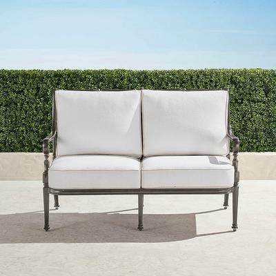 Carlisle Loveseat with Cushions in Slate Aluminum - Standard, Linen Flax with Logic Bone Piping - Frontgate