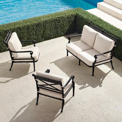 Carlisle 3-pc. Loveseat Set in Onyx Aluminum - Sailcloth Cobalt with Natural Piping, Lounge Chairs in Sailcloth Cobalt with Natural Piping - Frontgate