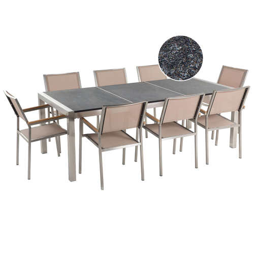 Gartenmöbel Set Schwarz Beige Granit Edelstahl Tisch 220 cm Geflammt 8 Stühle Terrasse Outdoor Modern