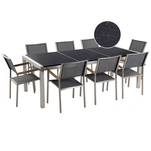 Gartenmöbel Set Schwarz Grau Granit Edelstahl Tisch 220 cm Poliert 8 Stühle Terrasse Outdoor Modern