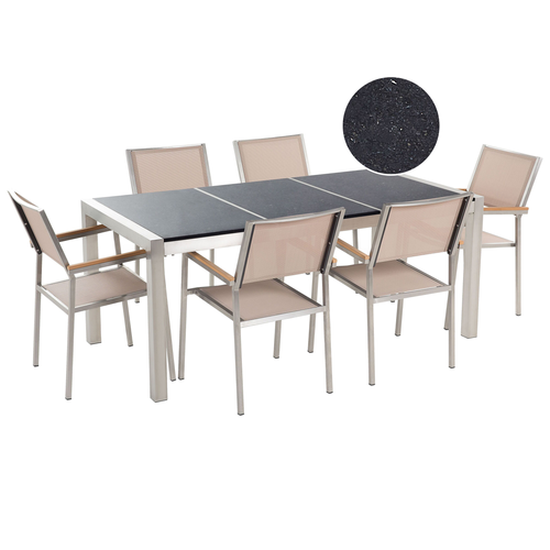 Gartenmöbel Set Schwarz Beige Granit Edelstahl Tisch 180 cm Poliert 6 Stühle Terrasse Outdoor Modern