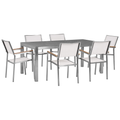 Gartenmöbel Set Grau Weiß Granit Edelstahl Tisch 180 cm Poliert 6 Stühle Terrasse Outdoor Modern