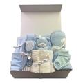 New Born Baby Boy Gifts Essentials Basket Hamper Baby Boy Box Bundle - Extra Soft Cellular Blankets Baby Muslin Squares Teddy Bear Plush Comforter Gentle Brush and Comb and Baby Manicure Set