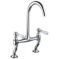 DBS Traditional Kitchen Sink Bridge Mixer Tap With Cranked Legs & Twin Ceramic White Lever Handles, Chrome Finish