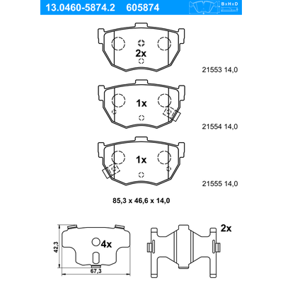 ATE Bremsbelagsatz, Scheibenbremse hinten rechts links mit Zubehör für HYUNDAI KIA 58302-2DA10 58302-2FA10 58302-29A00 1