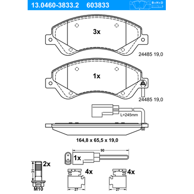 ATE Bremsbelagsatz, Scheibenbremse vorne rechts links mit Zubehör für FORD 1433954 1560023 1824347 13.0460-3833.2