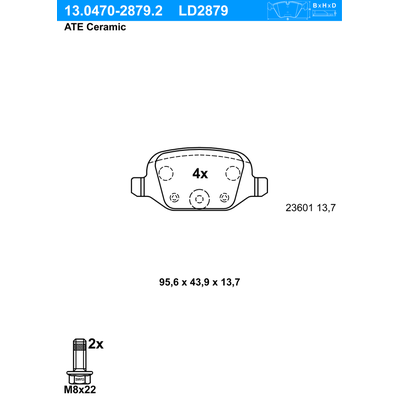 ATE Bremsbelagsatz, Scheibenbremse Ceramic hinten rechts links für FIAT CITROËN 77362270 1618111480 9948417 13.0470-2879