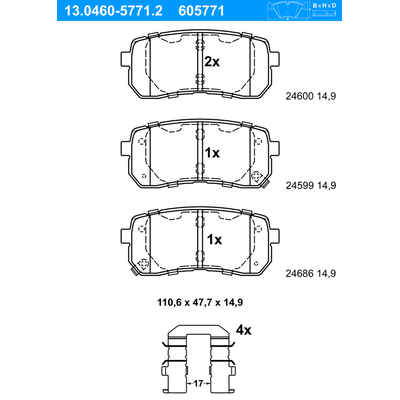 ATE Bremsbelagsatz, Scheibenbremse hinten rechts links mit Zubehör für HYUNDAI KIA 58302-4DE00 58302-3JA00 13.0460-5771.