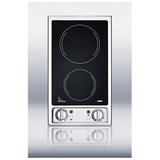 Summit CR2B120: 2-burner 120V electric cooktop with smooth black ceramic glass surface screenshot. Cooktops directory of Appliances.