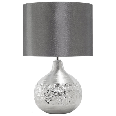 Tischlampe Silber geschwungener Porzellanfuß Stoffschirm Grau Kabel mit Schalter Moderner Glamouröser Stil