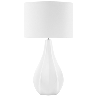 Tischlampe Hellbeige/ Weiß geschwungener Porzellanfuß Stoffschirm langes Kabel mit Schalter hellbeigen Lampenschirm Mode