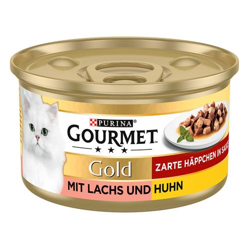 48x85g Zarte Häppchen Lachs & Huhn Gourmet Katzenfutter nass