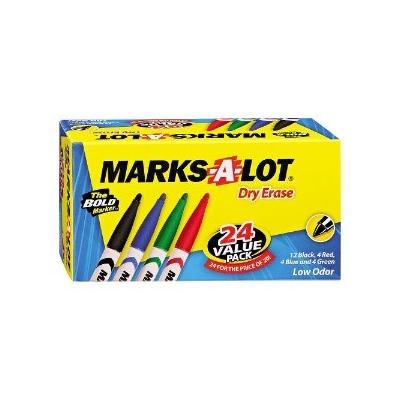 Marks-A-Lot Pen Style Dry Erase Markers, Fine, Assorted, 24/Set, Mult- Colored