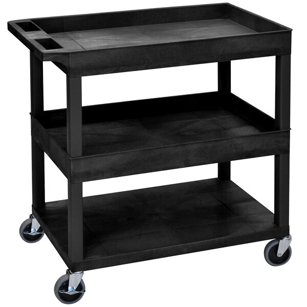 Luxor EC112-B Black Two Tub and One Flat Bottom Shelf Utility Cart - 32" x 18"