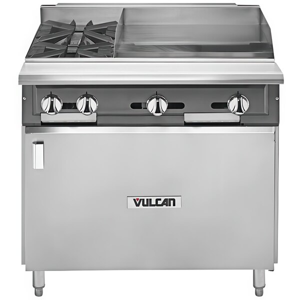 Vulcan V2BG24B-LP V Series Liquid Propane 36" 2 Burner Heavy-Duty Manual Range with 24" Right Side Griddle and Cabinet Base - 126,000 BTU