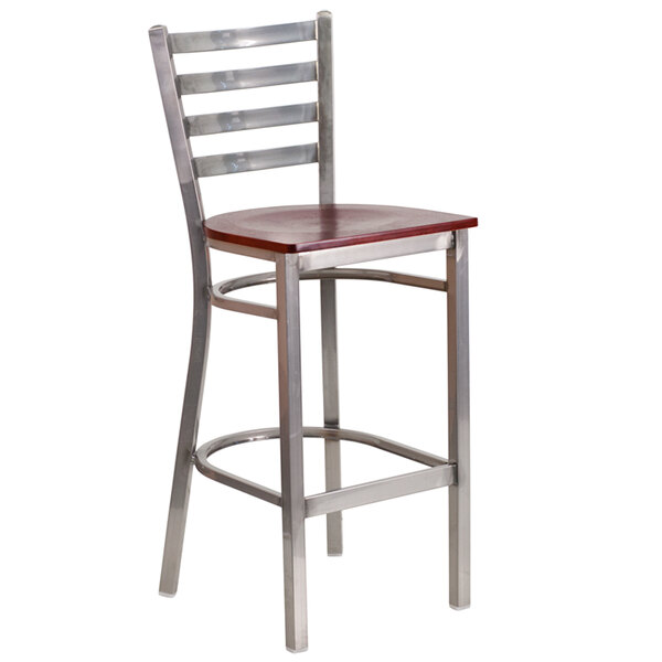 Flash Furniture XU-DG697BLAD-CLR-BAR-MAHW-GG Clear-Coated Ladder Back Metal Restaurant Barstool with Mahogany Wood Seat