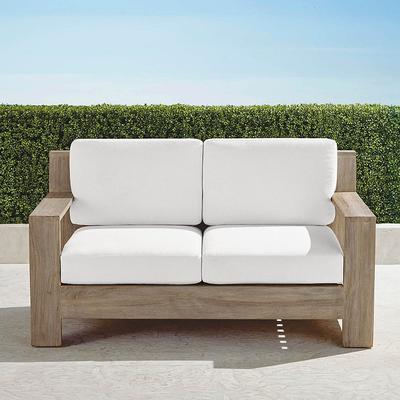 St. Kitts Loveseat with Cushions in Weathered Teak - Standard, Sailcloth Sailor - Frontgate