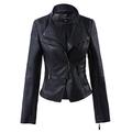 Mooncolour Women Slim Lapel Faux Leather Zip-Up Power Shoulder Bomber Moto Jacket, Black, UK M(Tag 46)