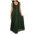 Sakkas 15221 - Maya Floral Embroidered Sleeveless Button Up Rayon Dress - Green - L/XL