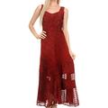 Sakkas 15225 - Zendaya Stonewashed Rayon Embroidered Floral Vine Sleeveless V-Neck Dress - red - 1X/2X