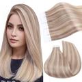 Ugeat Blonde Tape in Hair Extensions Human Hair Ash Blonde Highlights Bleach Blonde Double Sided Tape Hair Extensions Remy Hair Extensions 16 Inch 50G 20Pcs #18/613
