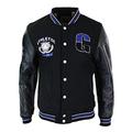 Mens Baseball Varsity Letterman College Fleece Jacket Badge PU Leather Sleeves - Black - Blue, L