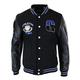 Mens Baseball Varsity Letterman College Fleece Jacket Badge PU Leather Sleeves - Black - Blue, L