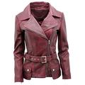 Ladies Burgundy Long Feminine Leather Biker Jacket 14