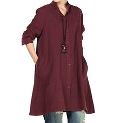 Vogstyle Women's Autumn Cotton Linen Full Front Buttons Shirt Dress with Pockets X-Large Burgundy