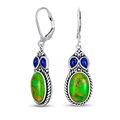 South Western Style Multi Stones Green Stabilized Turquoise Oval Lever back Dangle Earrings For Women .925 Sterling Silver