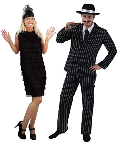 COUPLES 1920's GANGSTER & FLAPPER GIRL FANCY DRESS COSTUME - PINSTRIPE GANGSTER SUIT + BLACK TRILBY HAT | LADIES BLACK FRINGE FLAPPER DRESS WITH FEATHER HEADBAND BY ILOVEFANCYDRESS® (MENS: S + LADIES: S)