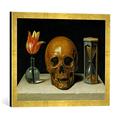 Gerahmtes Bild von Philippe de Champaigne Vanitas, Allegorie der Vergänglichkeit mit Totenkopf und Stundenglas, Kunstdruck im hochwertigen handgefertigten Bilder-Rahmen, 60x40 cm, Gold raya