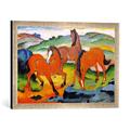 Gerahmtes Bild von Franz MarcDie roten Pferde (Weidende Pferde IV), Kunstdruck im hochwertigen handgefertigten Bilder-Rahmen, 60x40 cm, Silber raya