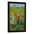 Gerahmtes Bild von Paula Modersohn-Becker Zwei Kinder in der Sonne am Wiesenzaun stehend, Kunstdruck im hochwertigen handgefertigten Bilder-Rahmen, 50x70 cm, Schwarz matt