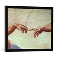 Gerahmtes Bild von Michelangelo Buonarroti "Hands of God and Adam, detail from The Creation of Adam, from the Sistine Ceiling, 1511", Kunstdruck im hochwertigen handgefertigten Bilder-Rahmen, 70x50 cm, Schwarz matt