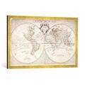 Gerahmtes Bild von John & John Senex & Maxwell "A Map of the World, Corrected from the Observations communicated to the Royal Societies of London and Paris, to the Right Honour", Kunstdruck im hochwertigen handgefertigten Bilder-Rahmen, 100x50 cm, Gold...