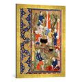 Gerahmtes Bild von Persian School Preparing a meal, illustration from an epic poem by Hafiz Shirazi, Safavid, Kunstdruck im hochwertigen handgefertigten Bilder-Rahmen, 50x70 cm, Gold raya