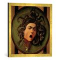 Gerahmtes Bild von Michelangelo Merisi Caravaggio Medusa, painted on a leather jousting shield, c.1596-98, Kunstdruck im hochwertigen handgefertigten Bilder-Rahmen, 50x50 cm, Gold raya