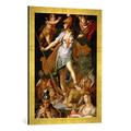 Gerahmtes Bild von Bartholomäus Spranger Minerva als Siegerin über die Unwissenheit, Kunstdruck im hochwertigen handgefertigten Bilder-Rahmen, 50x70 cm, Gold raya