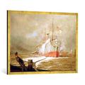 Gerahmtes Bild von William Lionel Wyllie "Docking a Cargo Ship", Kunstdruck im hochwertigen handgefertigten Bilder-Rahmen, 100x70 cm, Gold raya